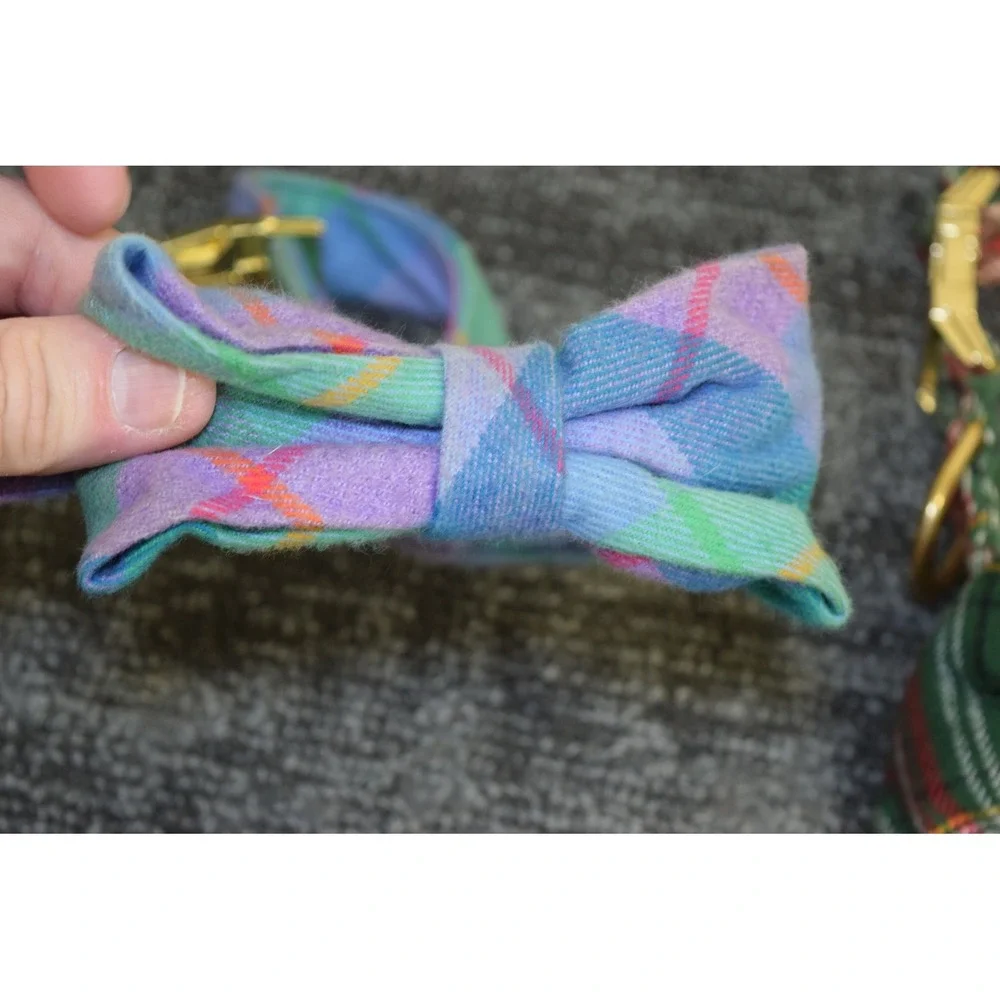 4 The Foggy Dog SF Collars LARGE Plaid Flannel Dots 2 Bow Ties Gold Hardware